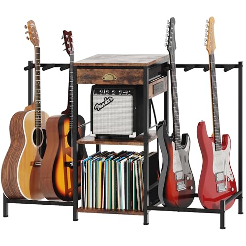 Homeiju 6-Guitar Floor Stand with Charging Station & 3-Tier Storage, Guitar Rack with Amp Stand...