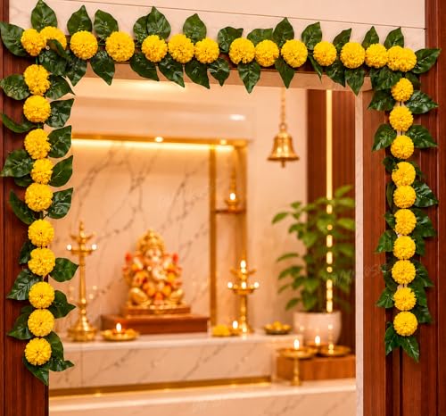 Image of Divyakosh Mango Leaf Vine /Creeper with Marigold Flowers for Door Entrance Decor - 80 Inch Artificial Floral Thoran /Bandarwal /Galrand, Festive Hanging for Diwali Pooja Ganpati Navratri Home
