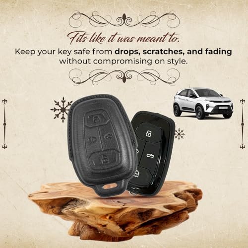 Image of Keyzone Vintage Leather Key Cover Compatible for Tata Nexon | Harrier | Safari | Altroz | Tigor | EV | Punch | Tiago EV Electric 4 Button Smart Key (Black)