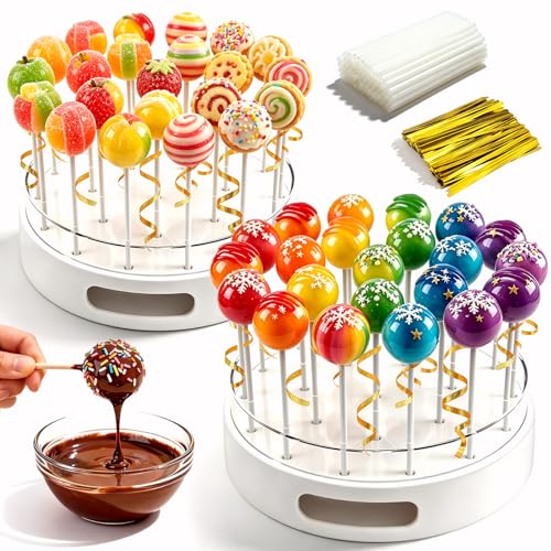 Sinofort 2 Stück Cake Pop Ständer 22 Löcher Transparent Acryl Lollipop-Halter mit 100 Cake Pop Stiele und 100 Twist Krawatten Lolly Ständer Candy Bar für Hochzeit Geburtstag Party Deko