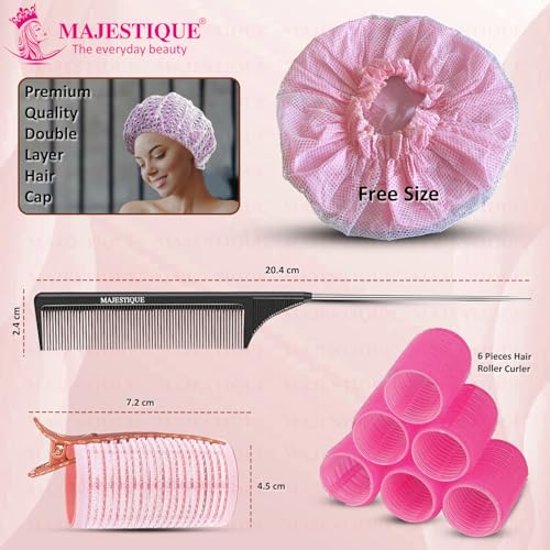 Image of Majestique Hair Curler Roller Kit with Reusable Shower Head Cap - Hair Roller Curler for Volume & Styling | Velcro Hair Rollers with Tail Comb & Clips | Heatless Hair Curler Set for Women | Hair Styling Tools 8Pcs Multicolour