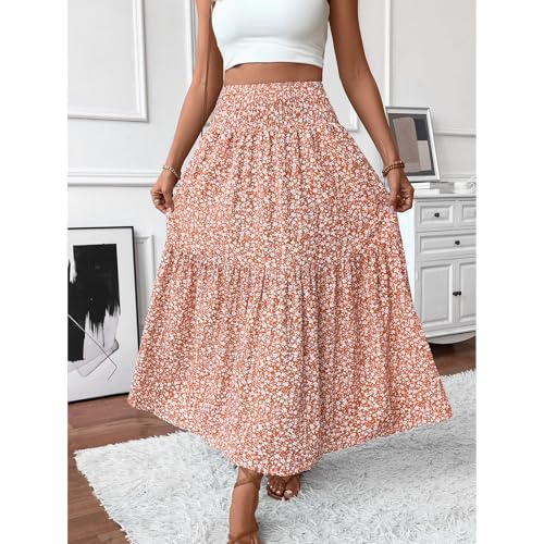 Floral Maxi Skirt for Women Tiered Elastic High Waisted Skirts Casual Summer Vacation A-Line Flowy Swing Long Skirts2