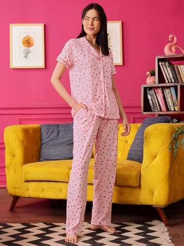 Image of Clovia Women's Cotton Printed Button Down Shirt & Pyjama Night Suit Set