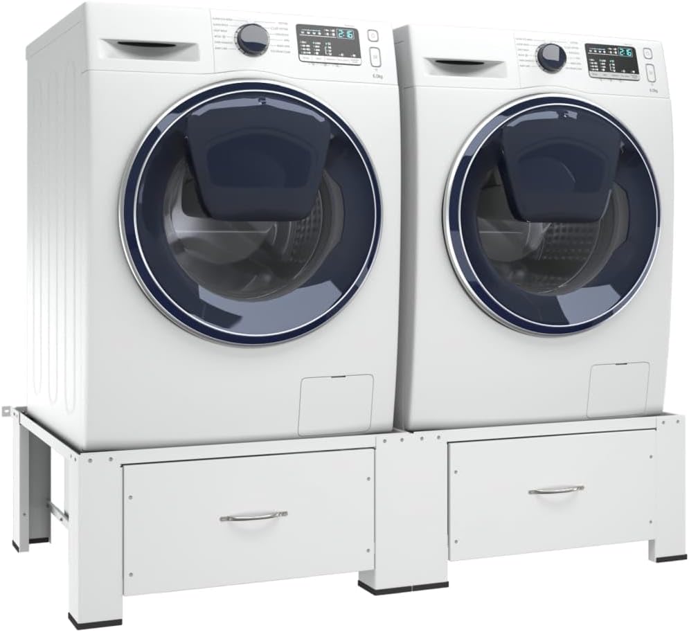Double Washing Machine Pedestal with Drawers, Heavy Duty Steel Laundry Stand for Washer and Dryer, Universal Heightening Base with Storage, White