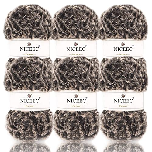 Image of NICEEC Faux Fur Yarn Super Soft, Chunky & Fluffy, Eyelash Yarn for Crochet & Knitting(Total Length 210yds /10.6oz) - Coffee /300g