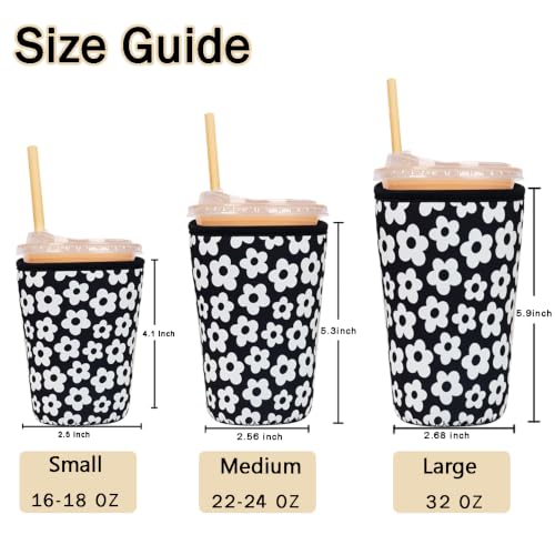 Image of Reusable Insulated Sleeve for Iced Coffee Cup, 3-Pack Coffee Neoprene Drink Sleeve for Cold & Hot Drinks, Beverage Holder for Iced Coffee (Monochrome Florals)