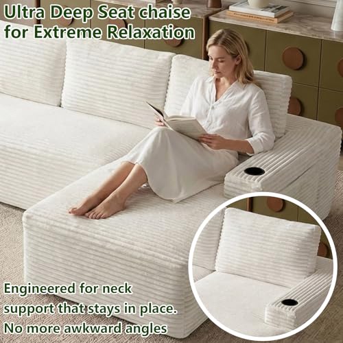 Image of 104.3 inch Modular Sectional Sofa,Modern Corduroy Cloud Couch with Cup Holder & Side Pockets,Boneless Couch Upholstered 4-Seater L-Shaped Sofa for Living Room,No Assembly (White, Right-Facing Chaise) | with Cup Holder