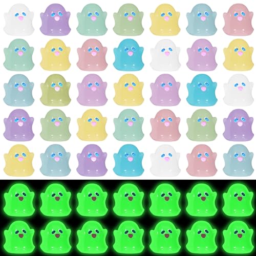 Liliful 48 Pcs Mini Resin Ghost Luminous Cute Miniature Figurines Glow in The Dark Resin Figures Small Ghost Garden Decor Micro Miniature Statue for Outdoor House Landscape Party