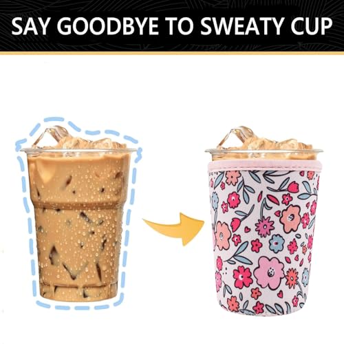 Image of YR Reusable Neoprene Insulator Sleeve for Iced Coffee Cups, 3 Pack Coffee Coolies sleeves for Iced & Hot Drinks, Cold Beverage Cooler Compatible with Starbucks Coffee and More (Pink Floral Garden)