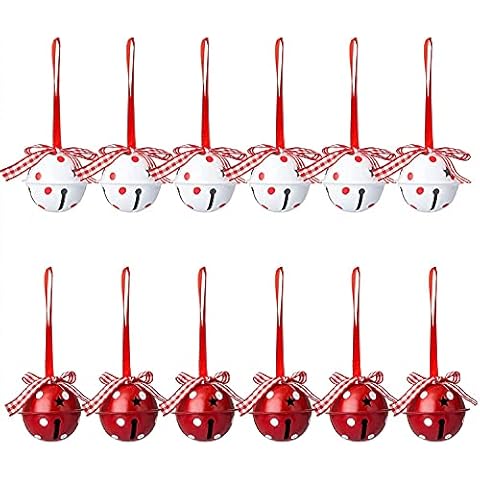 12PCS Christmas Jingle Bells White and Red Metal Bell Tree Decoration Diameter 5cm Christmas Bell Craft Bell Christmas Tree Garland Decoration Festival DIY Decoration Cover