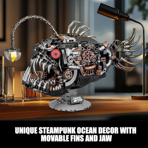 Image of Mechanical Angler Fish Building Set with Light, Creative Ocean Lantern Fish Animal Toy for Home Office Decor, Compatible with Lego Shark, STEM Gift for Adults Teens Boys 8-14+ (1038 PCS)