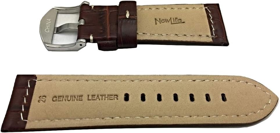 26mm Panerai Style Watch Band | Dark Brown, Medium Padded, Alli Croco Grained Leather Replacement Strap Bracelet with Creamy White Stitches That Brings New Life to Any Watch (Mens Standard Length)