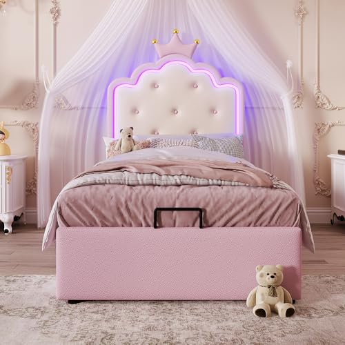 Kebnor Letto imbottito con rete a doghe, luce ambiente telecomandata, forma principessa, spazio idraulico, materiale PU,...