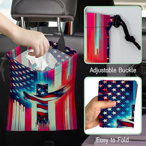 Image of American Flag Cross Car Garbage Bag,Waterproof Small Car Trash Bag Hanging Back of Seat,Drawstring Hanging Car Trash Bag with Adjustable Buckle for Car Accessories