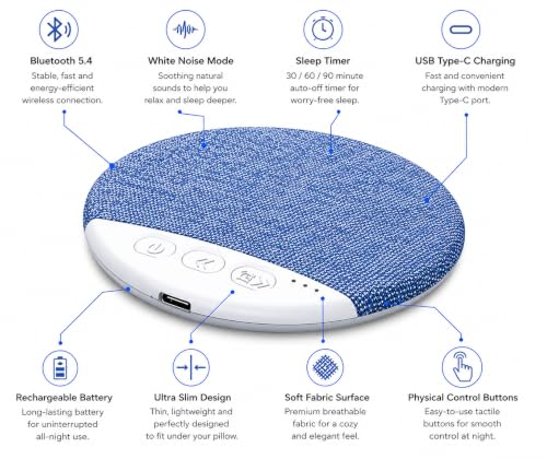 Image of Bluetooth Sleep Pillow Speaker with Soft Fabric Surface, Wireless White Noise Audio Speaker, USB Charging Port and Control Buttons for Bedside, Relaxation and Travel