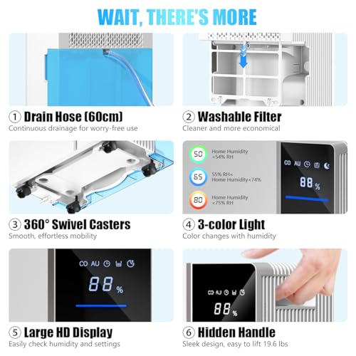 Image of HANNEA Dehumidifiers for Home (600 sq. ft), Up to 12L /Day | 3 Modes | Auto Shut Off | Automatic Defrosting | Clothe Dryer | 24H Timer | 250W Smart Compressor Dehumidifier for Living Room /Bedroom
