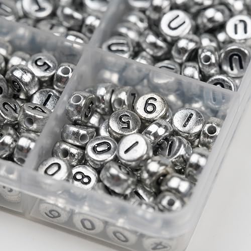 Image of 1450Pcs Silver Acrylic 4x7mm Round Letter Beads Kits Alphabet A-Z (Extra for Vowel Letter) and Number Beads for Bracelets Necklaces Jewelry Making (Silver, 4x7mm)