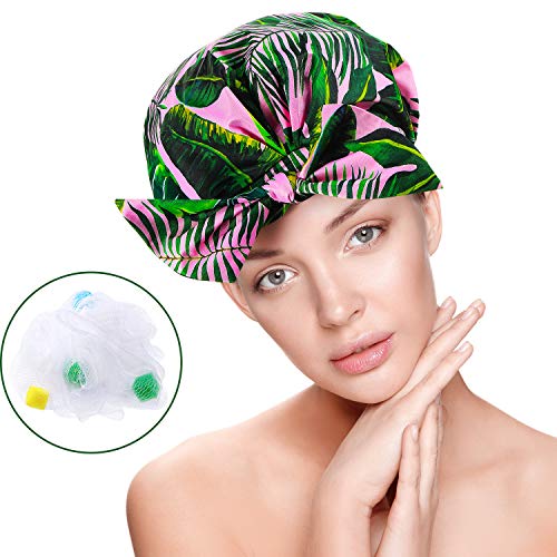 Reusable Shower Cap for Women Waterproof Shower Hair Cap Bowknot Shower Hat Bath Cap with Bath Mesh Sponges (Palm Leaves)