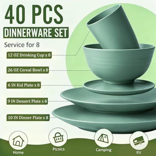 Image of Wheat Straw Dinnerware Sets 40 PCS Unbreakable Dishes Set for Kitchen, Outdoor, Camping Dishes Plates and Bowls Sets with Cups, Dessert Plates, Dishwasher & Microwave Safe - Green