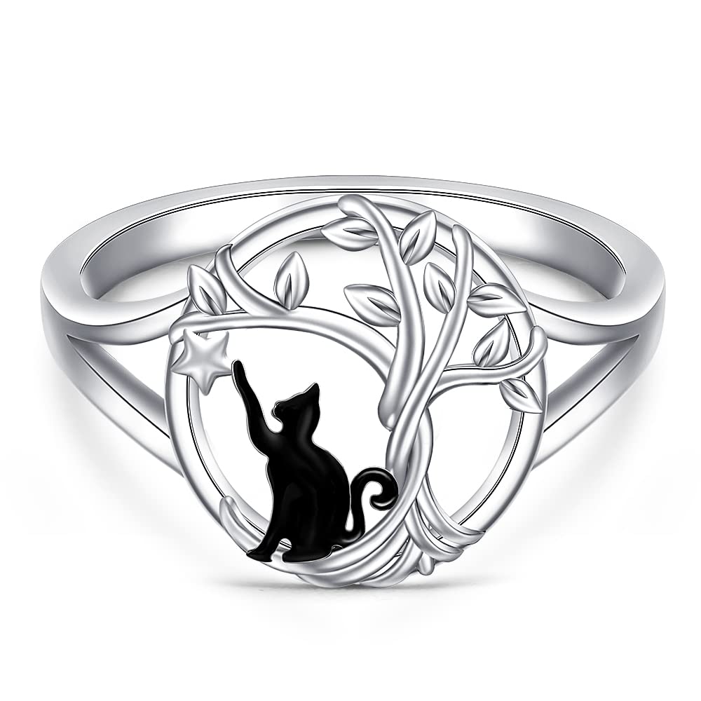 Sterling Silver Cat Ring Tree of Life Ring Cat Rings Women Cats Rings for Women Animal Black White Cats Jewelry Birthday Gifts for Her