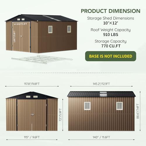 Image of 10x12 FT Outdoor Metal Storage Shed, Double Swing Doors, 2 Clear Windows, Replaceable Skylight Roof Panel, Tool Shed for Garden, Patio, Backyard Brown