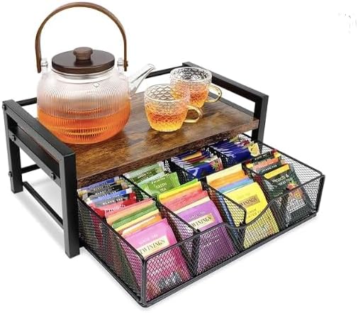 Tea Bag Organizer with Drawer – Wooden 8-Compartment Storage Box for Countertop, Tea Bags & Coffee Pods, Rustic Brown Tea Caddy, Gift for Tea Lovers