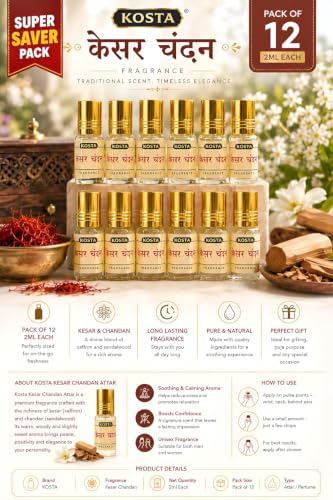 Image of KOSTA Kesar Chandan (Saffron Sandalwood) Attar 2ml Each| Alcohol-Free Long Lasting Roll-On Perfume Oil | Unisex Sandalwood & Kesar Fragrance Attar for men and Women (Pack of 12)