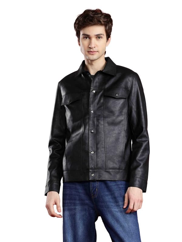 leather retail Men’s Trendy Black PU Leather Jacket with Pockets-picture-29