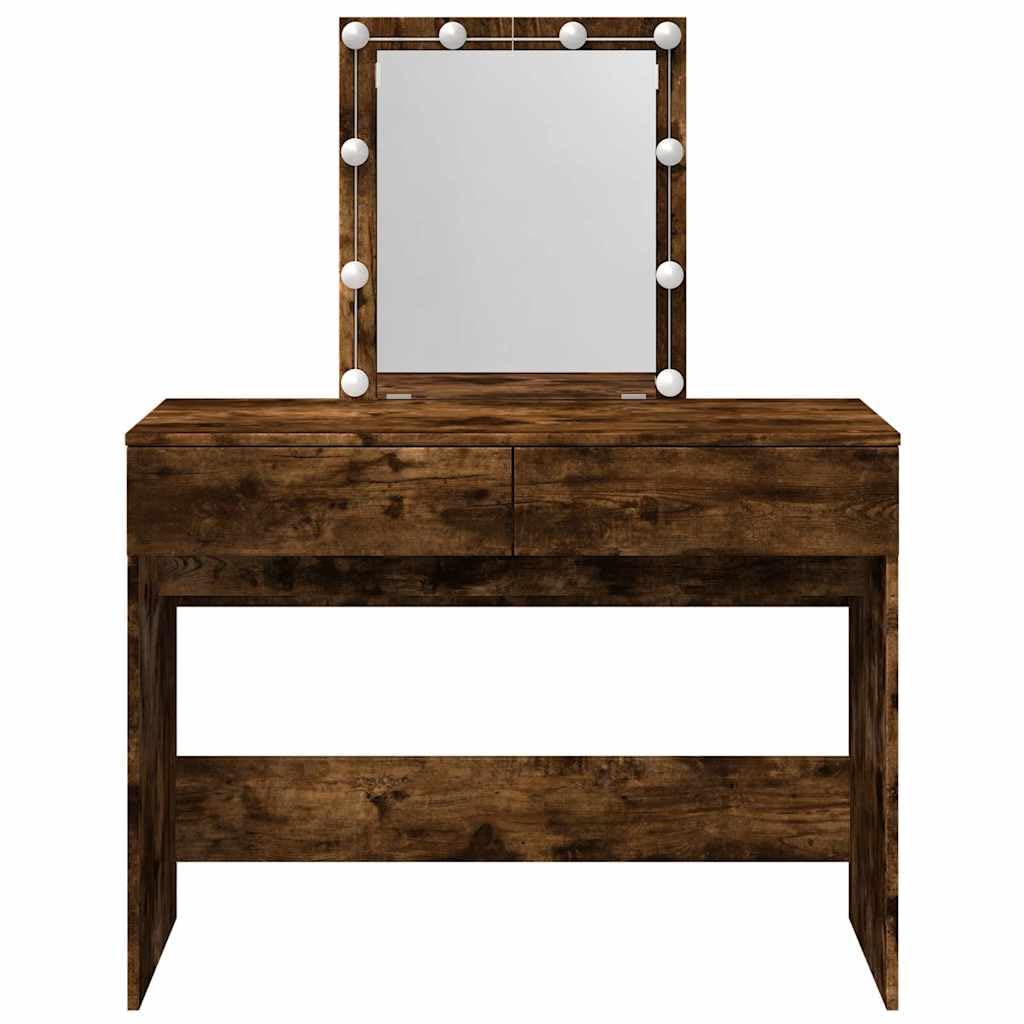 Schminktisch mit LED Beleuchtung Räuchereiche Holzwerkstoff 100x40x130 cm mit Spiegel und 2 Schubladen für Schlafzimmer Jugendzimmer mit Stauraum und USB Anschluss für Makeup Styling