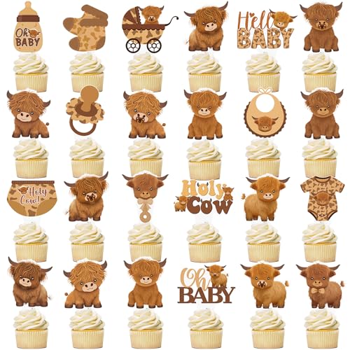 CANDY CHEF 48Pcs Brown Highland Cow Baby Shower Cupcake Toppers & Decorations
