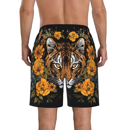Tiger and Sunflower on Black Background Men's Casual Shorts Drawstring Summer Beach Shorts Quick Dry Bathing Suits Hawaii Swim Trunks X-Large3
