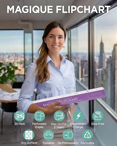EASYCLING® Magique Flipchart Foil, Elektrostatikfilm für Alle Harten Oberflächen, Haftet Ohne Klebstoffe Oder Magnete, 25 Blätter & 1 Boardmarker Inkl, 60 cm x 80 cm (Flipchart Basic)
