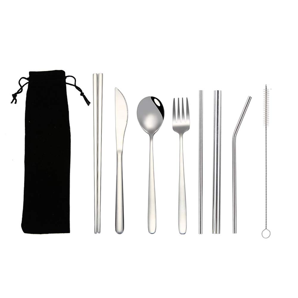Lot De 9 Couverts Réutilisables En Acier Inoxydable Avec étui