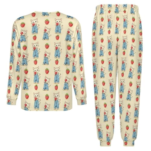 Cute Cat Strawberry Men’s Pajama Set Long Sleeve Top And Pants Loungewear Sleepwear Pjs Nightwear4
