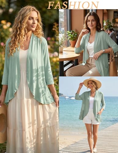 Image of Yekaty Women Cardigan 3 /4 Sleeves Open Front Lightweight Cardigan Draped Ruffles Knit Cardigan