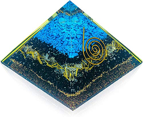 PURA ESPRIT Orgone Pyramid Black Tourmaline â€“ Raw Turquoise Amazonite Clear Quartz Crystal Point - Chakra Healing Crystals Pyramid Protection - Empath Abundance Healing Crystal Orgonite Pyramid