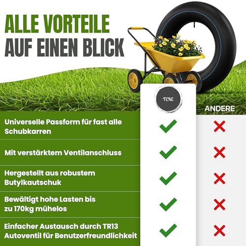 TENE® 2X Stück Premium 4.8/4.00-8 Schlauch für Schubkarre, Rasenmäher und mehr - aus robustem Butykautschuk doppelt gelegt für Lasten bis 170 kg inkl. Autoventil