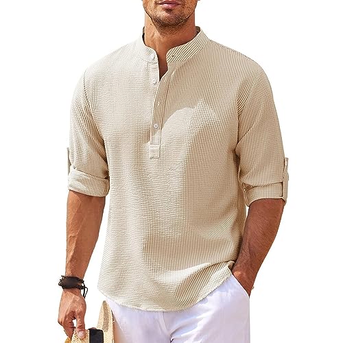 Maiyifu-GJ Men'a Casual Henley Shirts Band Collar Long Sleeve Beach Hippie T Shirts Business Striped Shirts (X-Large,Khaki)