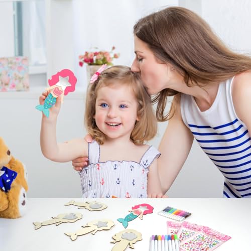 Ainiv 12 Stück Meerjungfrau Bastelset, Holzspiegel zum Bemalen für DIY Kinder Malen, Mini Holz Prinzessin Spiege, Basteln Kinder Creative Painted Mirrors für Mädchen Bastelset Mitgebsel Geschenk Party