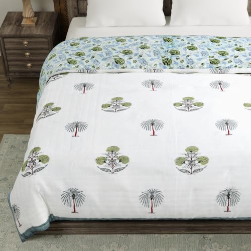 Image of BLOCKS OF INDIA Hand Block Printed Cotton King Size Quilt /Rajai | Open Grey Motifs
