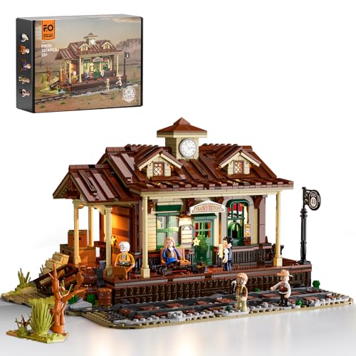 FUNWHOLE Western Station Building Blocks Set with LED Light, 1974 Pieces...