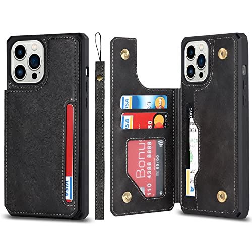 Image of Cavor for iPhone 14 Pro Case with Card Holder,for iPhone 14 Pro Wallet Case for Women Men,Phone Case for iPhone 14 pro with Stand Credit Card Holder, Leather Strap Shockproof Cover- Black