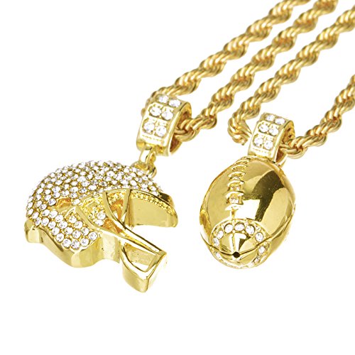 metaltree98 Mens 14kt Gold Plated Football & Football Helmet Pendant 4 mm, 20" & 24" Double Rope Chain Set MHC 20 G2