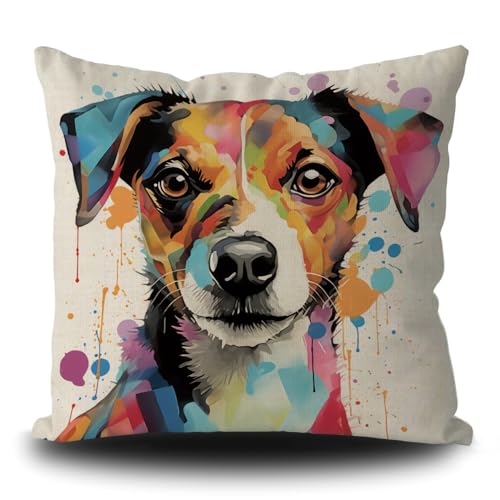 Ganshan Bi Cute Jack Russell Terrier Dog Throw Pillow Cover Colorful Painting Dog Puppy Art Decorative Pillow Case for Bed Couch Sofa Dog Lover Gift 18X18 Inch Linen Double Side, Style 2