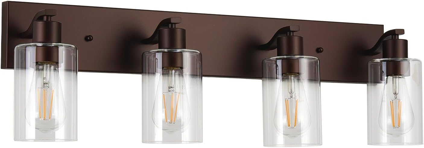 4 Lights Bathroom Light Fixtures Oil Rubbed Bronze Vanity Light with Clear Glass Shade 30in Modern Bathroom Lighting Fixtures Over Mirror for Bedroom/Living Room