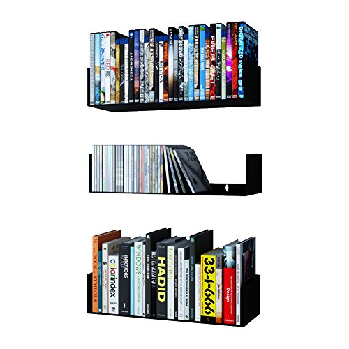 Wallniture Bali Black Bookshelf and CD DVD Storage Shelf Set of 3, Metal Floating Book Shelves for Wall