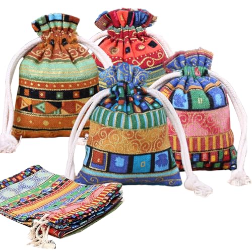 BQRKOTM 12 Pièces Coton de Style Ethnique Cordon Sac Cadeau- Bijoux Sacs de sachets écologiques, Petit Sachet Sac pour La Fête De Mariage Décoration et...