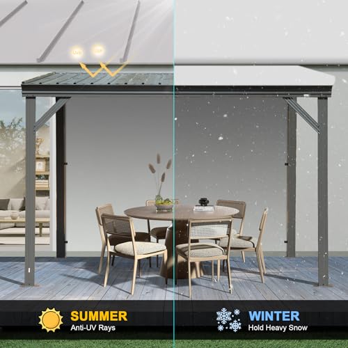 Domi 10’x10’ Lean-to Gazebo, Hardtop Wall-Mounted Gazebo Pergola with Sloping Galvanized Steel Roof and Upgraded Drainage System, Outdoor Permanent Metal Shelters for Patio Backyard Deck, Grey