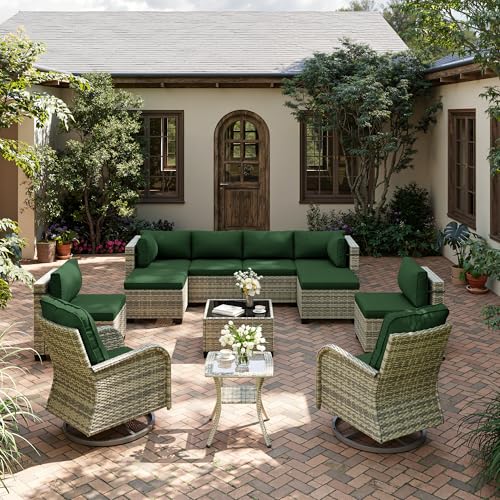 Image of Outdoor PE Wicker Rattan Modular Patio Sectional Sofa Set | 12-Piece: 6 Modular Seats, Coffee Table, 2 Swivel Rocking Chairs, Side Table & 2 Ottomans, Dark Green