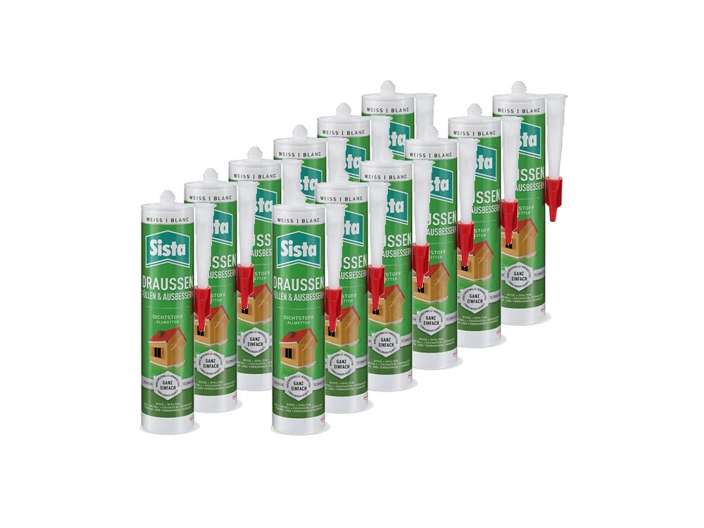 SISTA DRAUSSEN Füllen & Ausbessern, weißer Polymer Dichtstoff für den Außenbereich, wetterfestes Abdichten mit überstreichbarem Fugenfüller, 12x280ml Kartusche